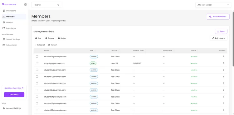 NaturalReader EDU admin dashboard showing the Members list for a school, with 21 members and their roles.