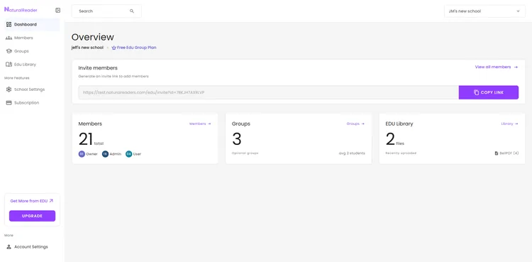 NaturalReader EDU Overview dashboard showing member, group, and EDU Library totals.