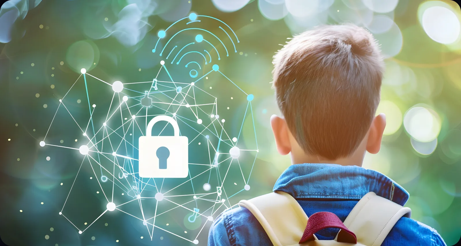Student wearing a backpack, protected by a digital privacy shield illustration.